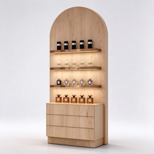 Light oak arched perfume display cabinet right 45 degree angle view