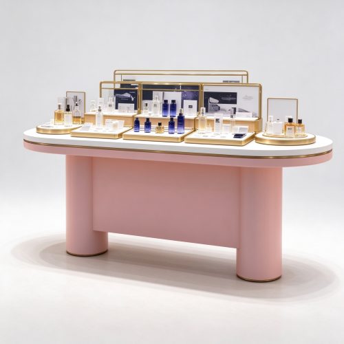 Oval blush pink perfume display island counter left 45 degree view