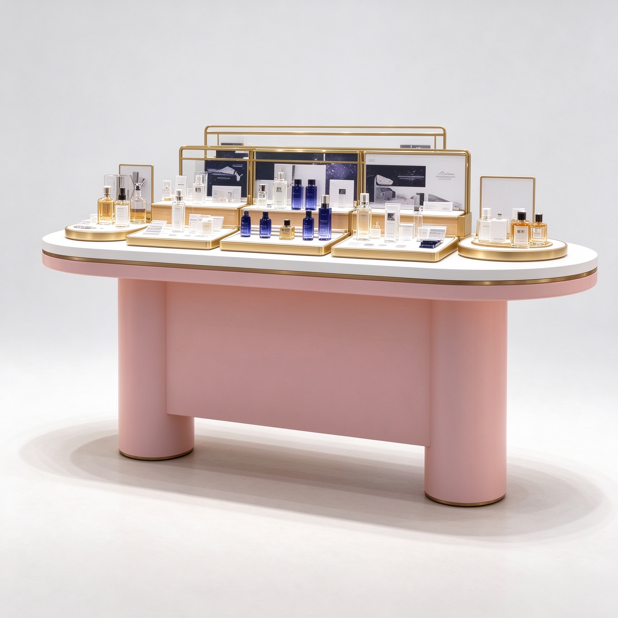 Oval blush pink perfume display island counter left 45 degree view