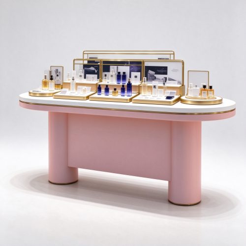 Oval blush pink perfume display island counter right 45 degree angle view