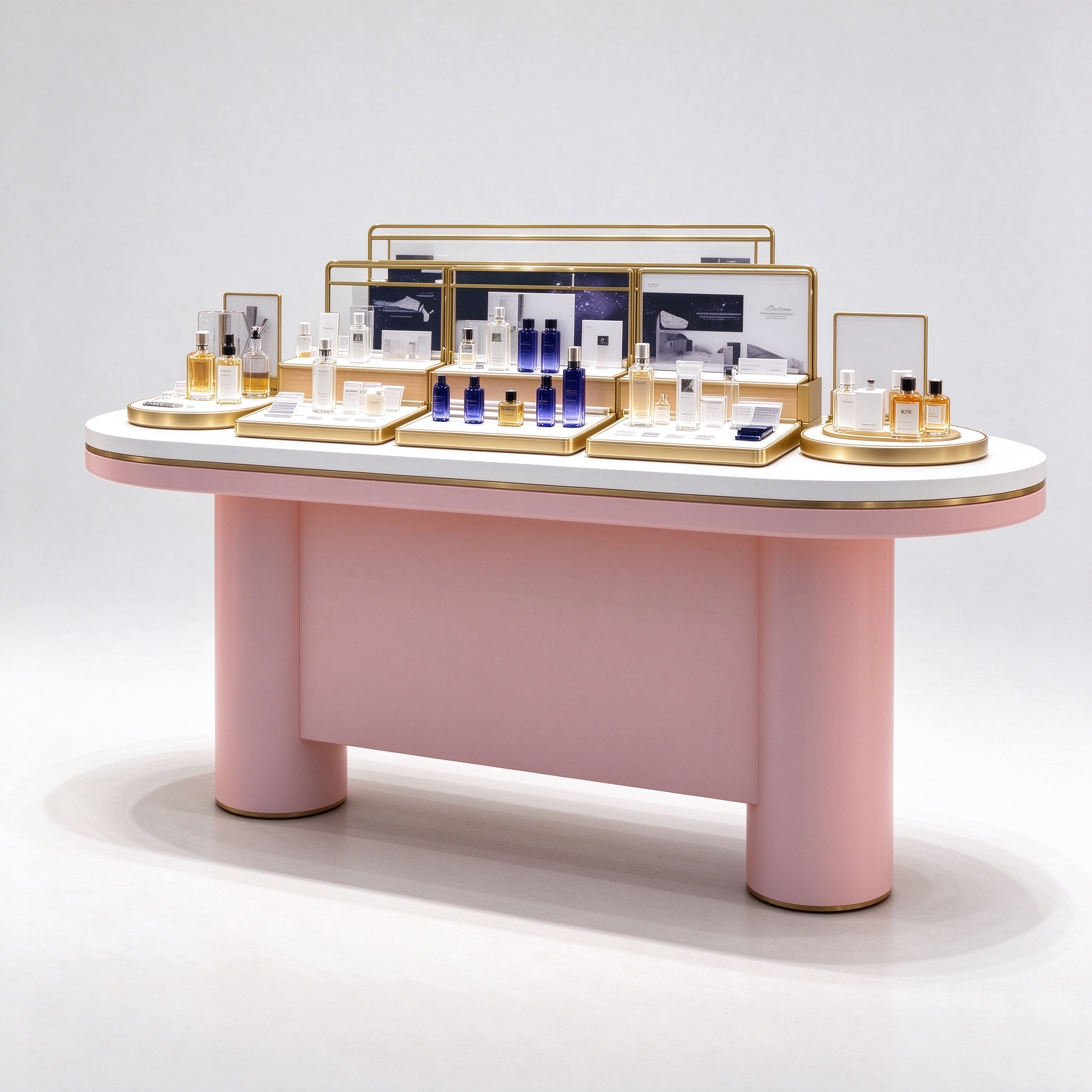 Oval blush pink perfume display island counter right 45 degree angle view