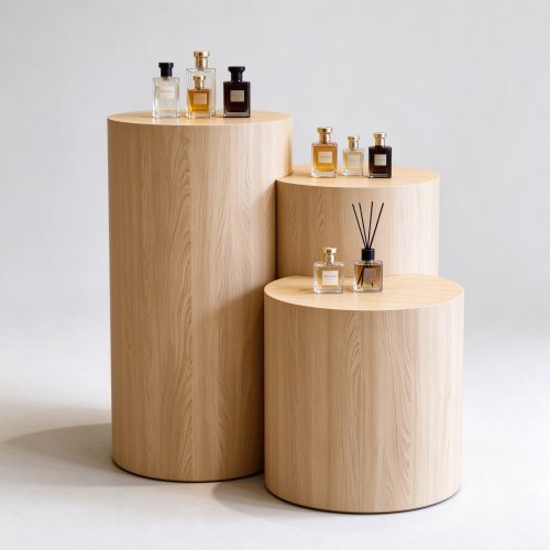 Light oak cylinder perfume display pedestal set left 45 degree view