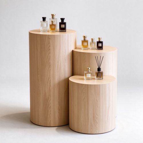 Light oak cylinder perfume display pedestal set right 45 degree angle view