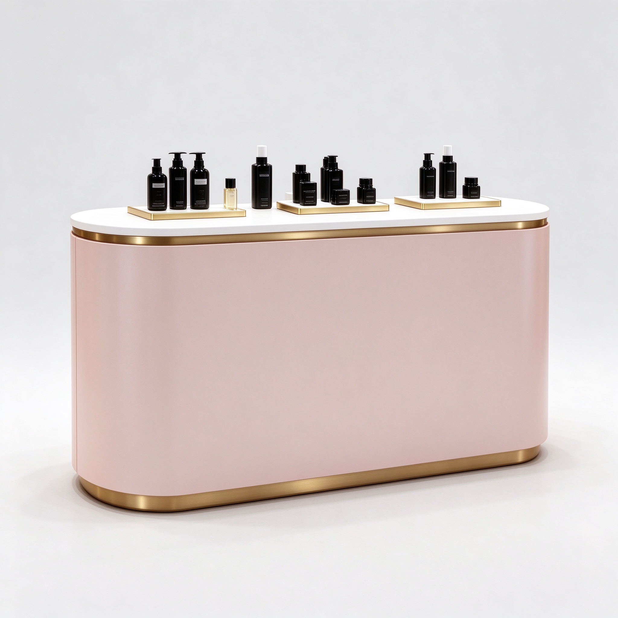 Blush pink curved perfume display counter left 45 degree view