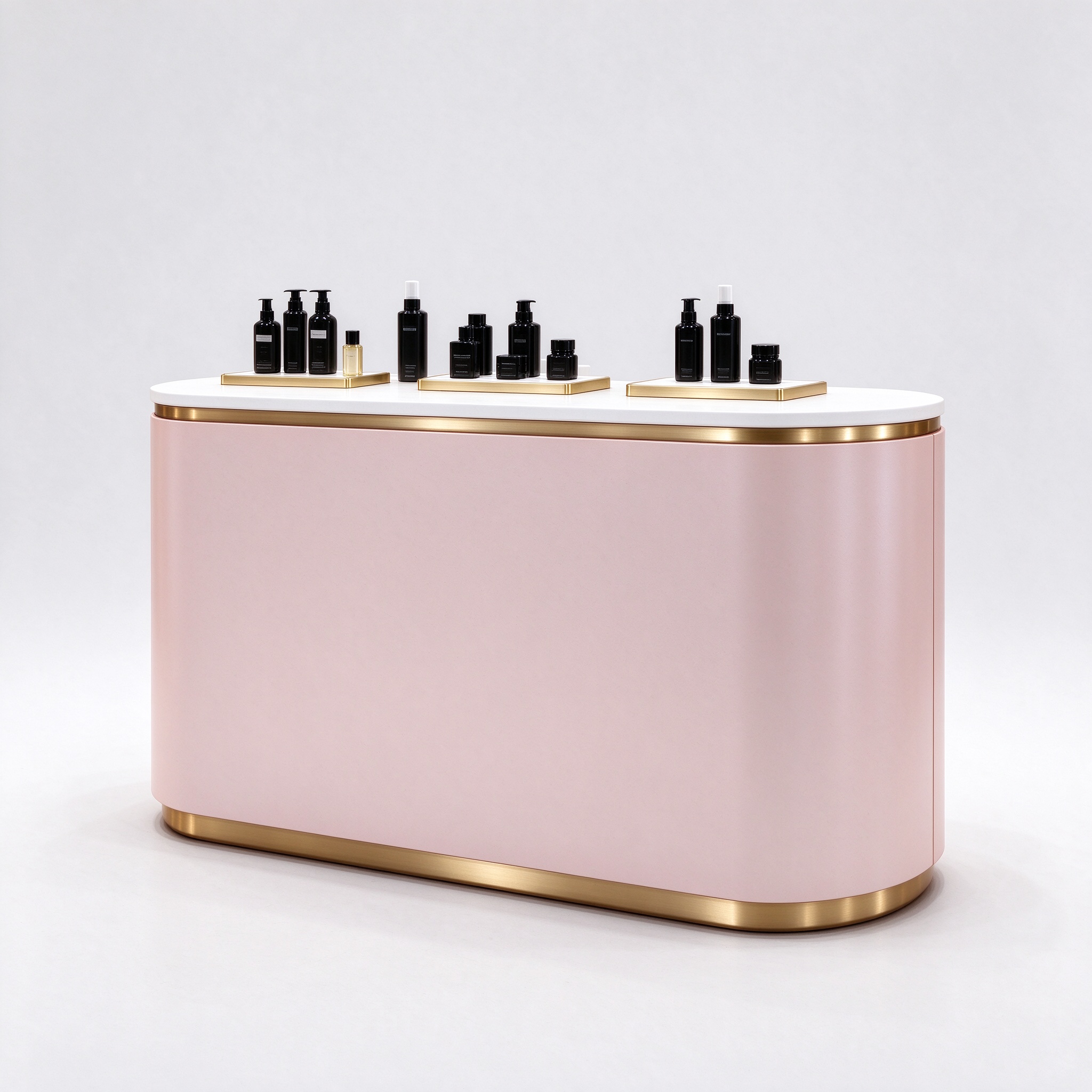 Blush pink curved perfume display counter right 45 degree angle view