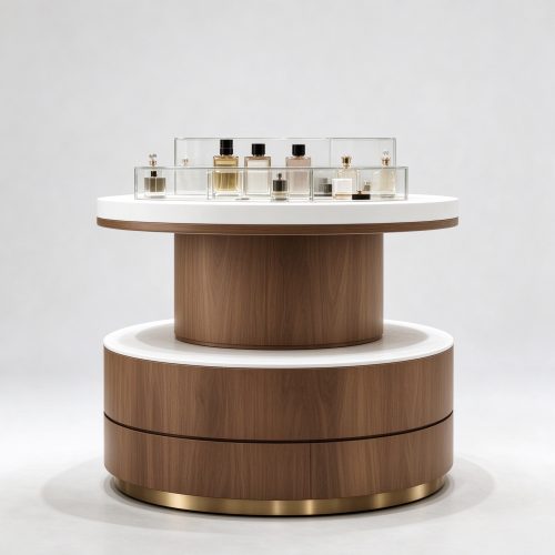 Round two-tier wood perfume display island left 45 degree view