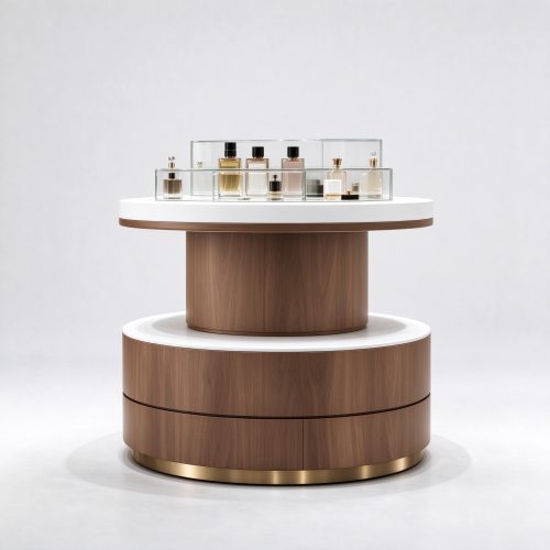 Round two-tier wood perfume display island right 45 degree angle view