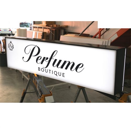 Rectangular LED projecting light box sign with Perfume script, right 45 degree view