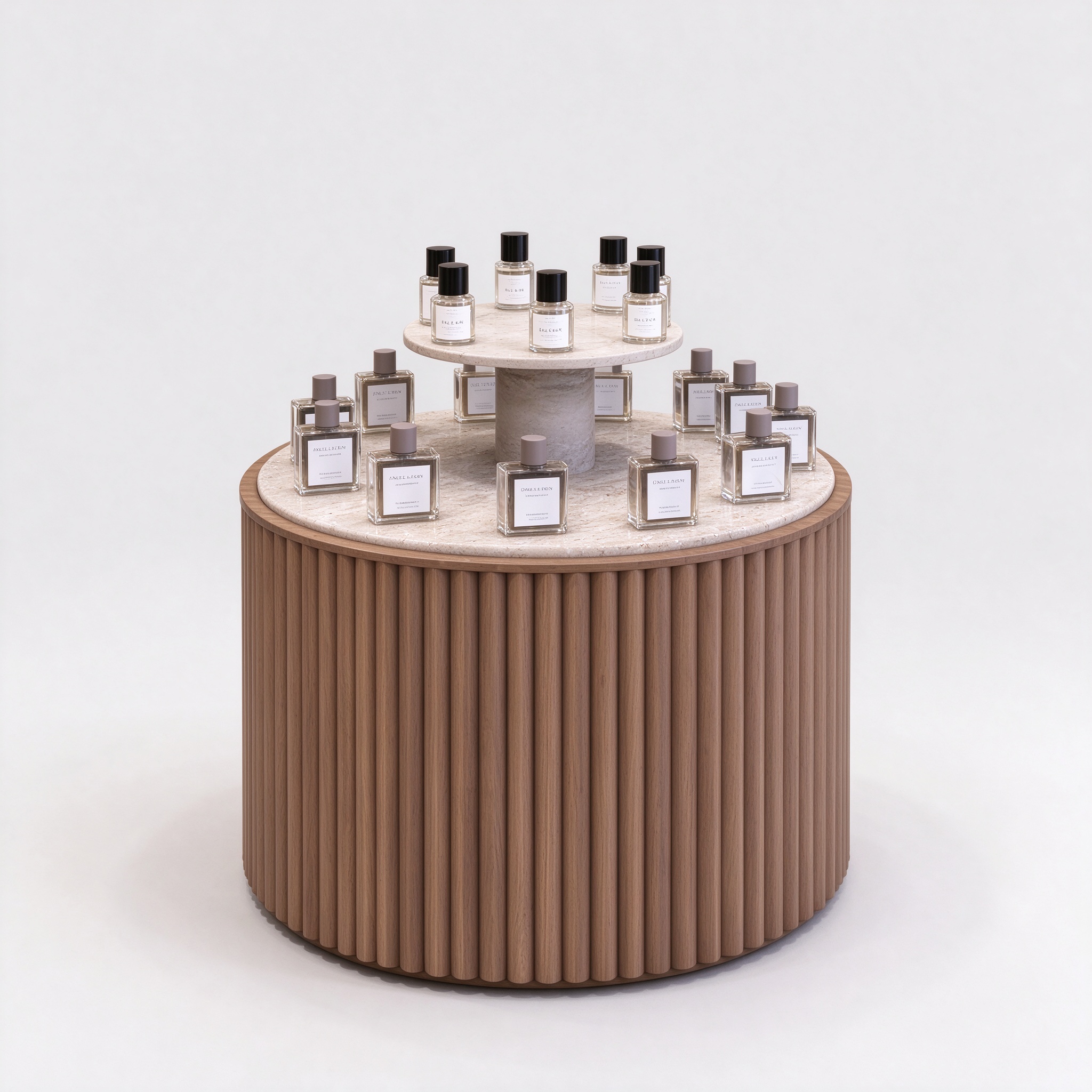 Round fluted wood perfume display stand with marble top left 45 degree view