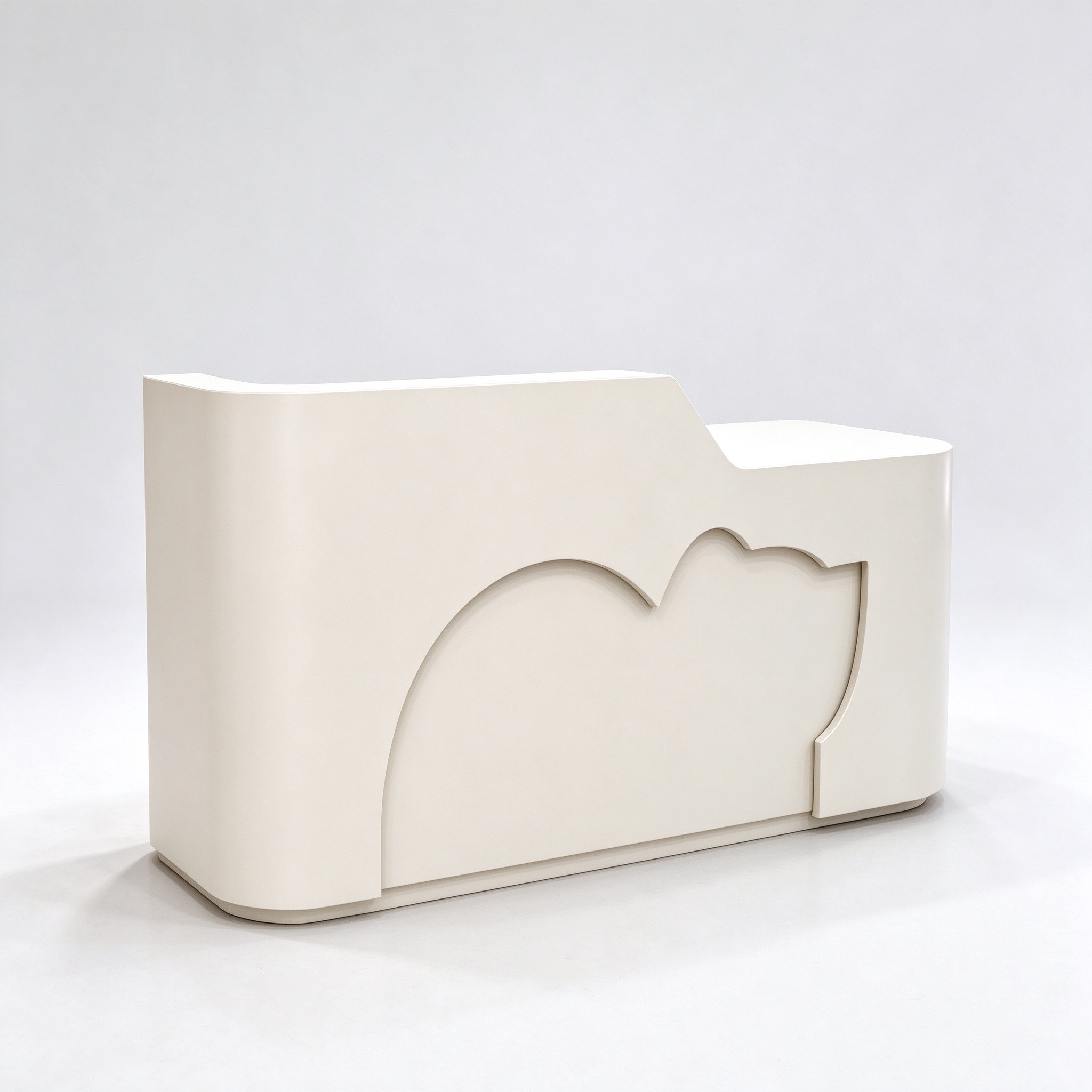 Off-white curved pet store checkout counter left 45 degree view