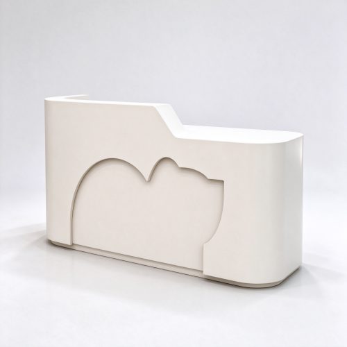 Off-white curved pet store checkout counter right 45 degree angle view