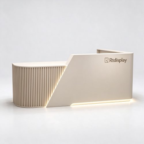Beige slatted pet store checkout counter with LED base strip left 45 degree view