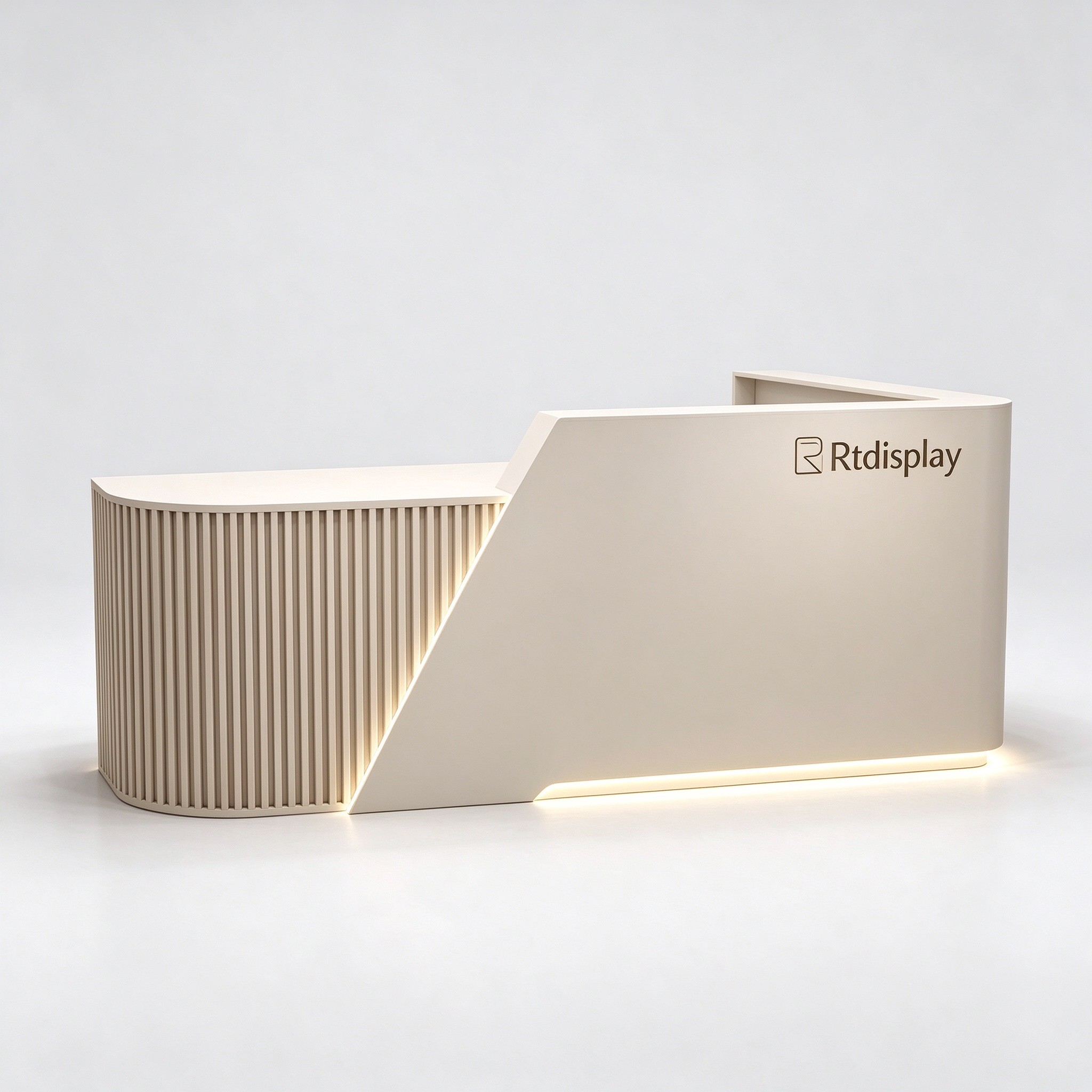Beige slatted pet store checkout counter with LED base strip left 45 degree view