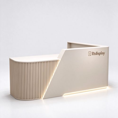 Beige slatted pet store checkout counter with LED base strip right 45 degree angle view