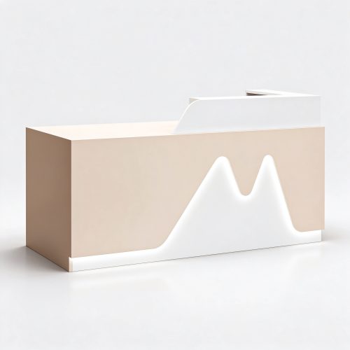 Cream and coffee pet store checkout counter with mountain light panel left 45 degree view
