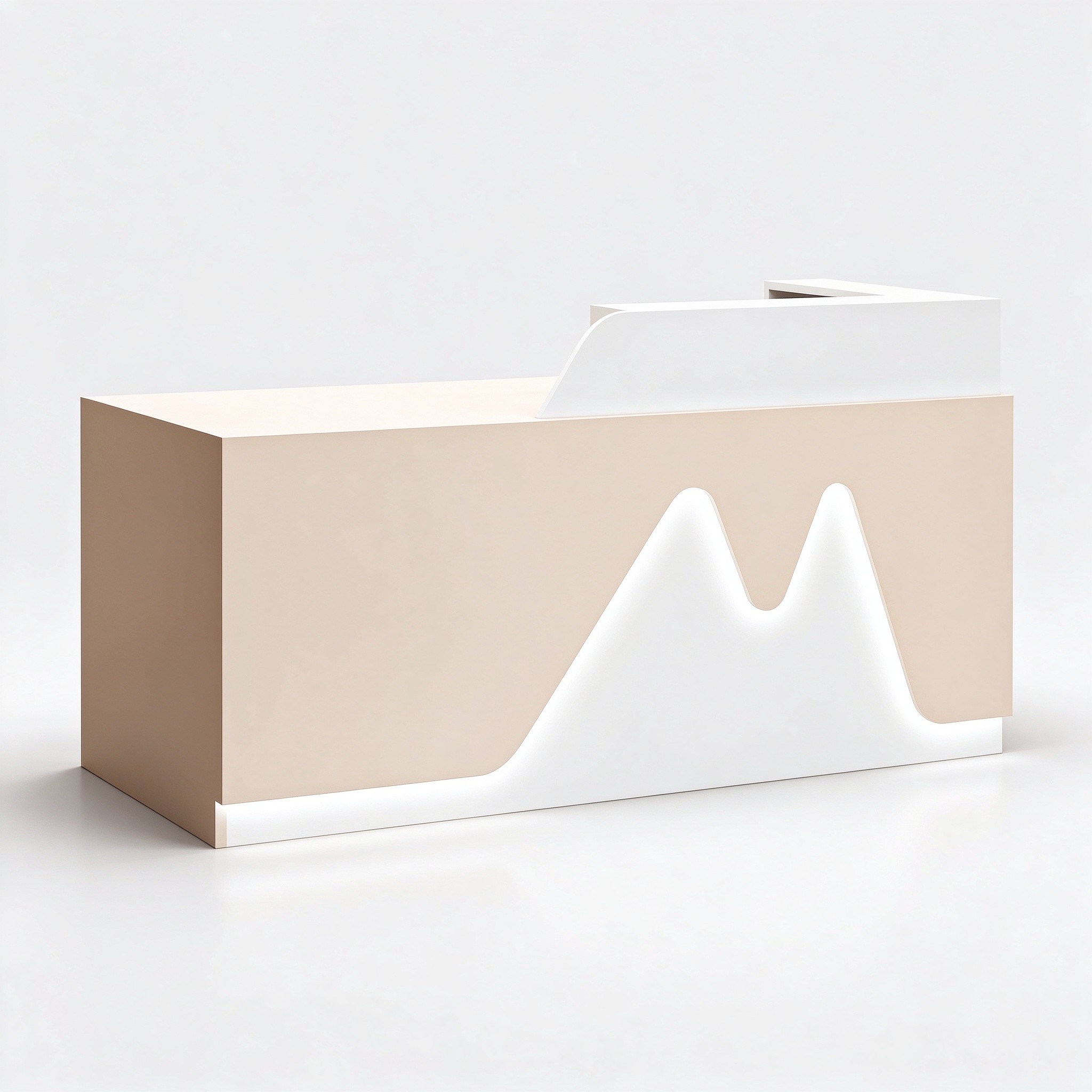 Cream and coffee pet store checkout counter with mountain light panel left 45 degree view