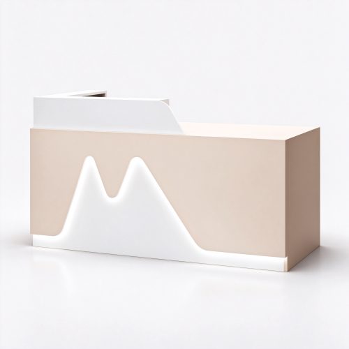 Cream and coffee pet store checkout counter with mountain light panel right 45 degree angle view