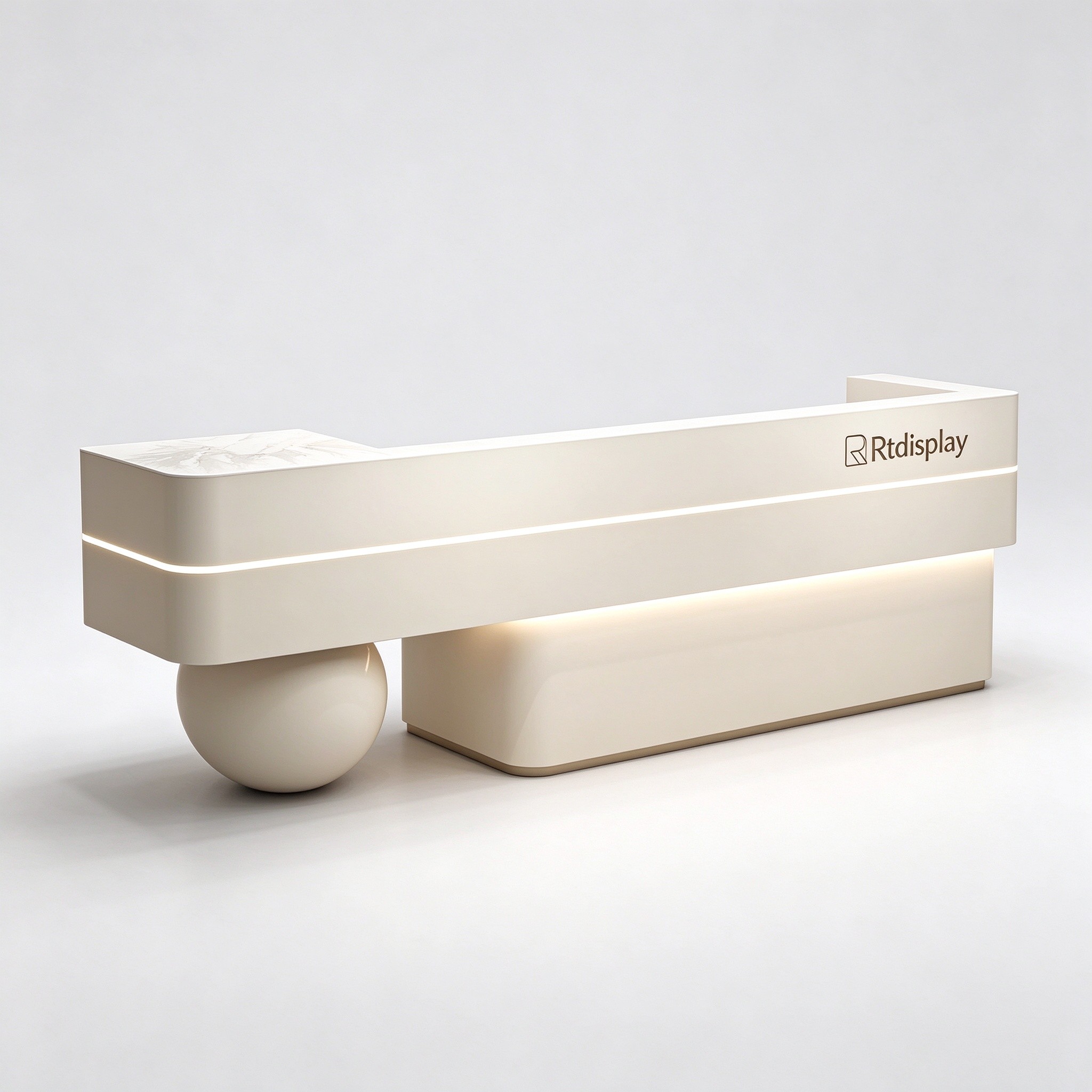 Off-white pet store checkout counter with sphere support left 45 degree view
