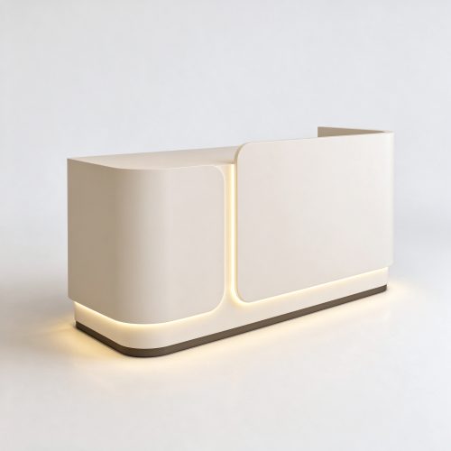 Off-white arc pet store checkout counter with LED base strip left 45 degree view