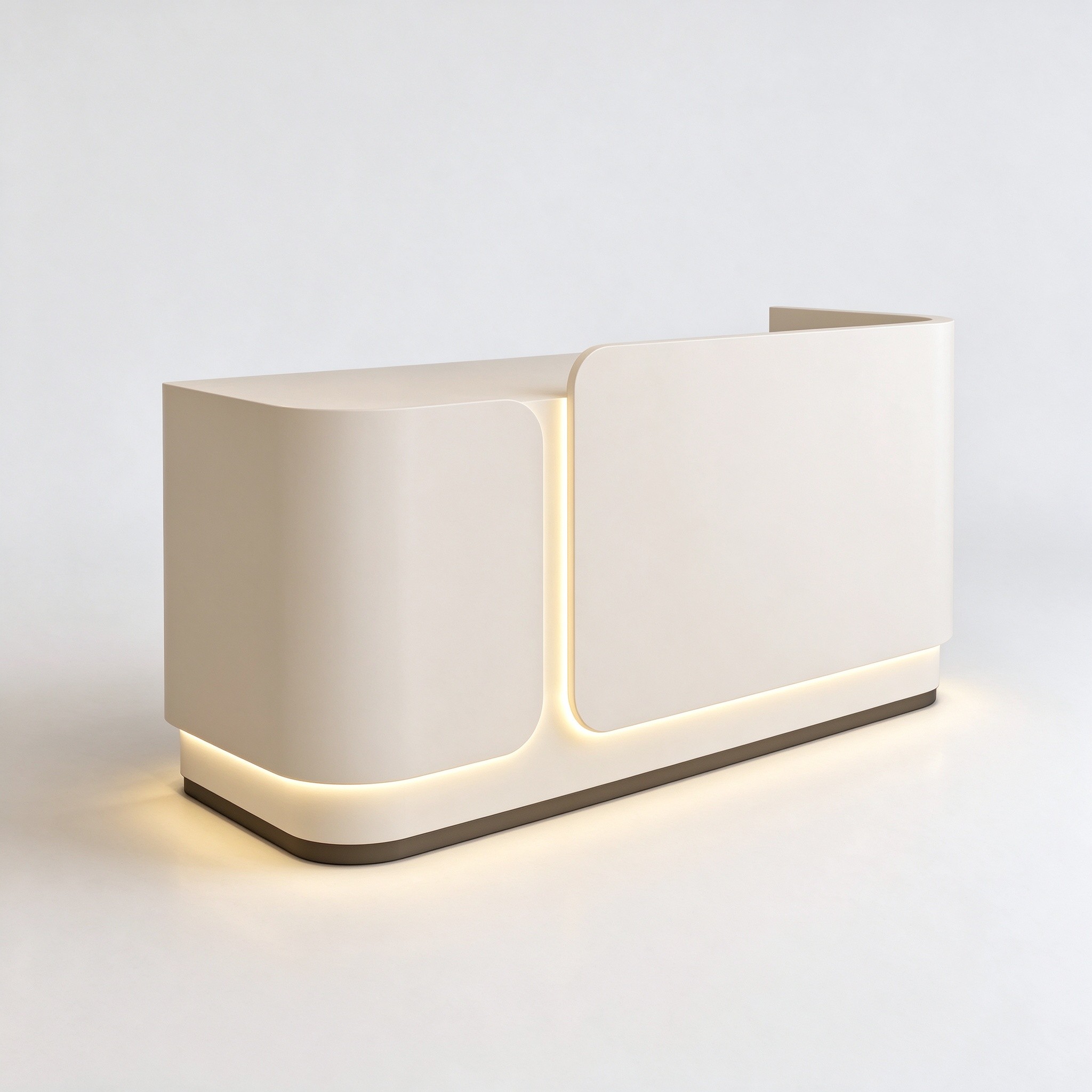 Off-white arc pet store checkout counter with LED base strip left 45 degree view
