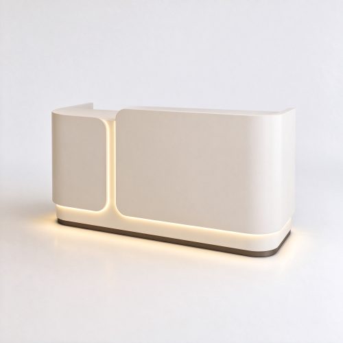 Off-white arc pet store checkout counter with LED base strip right 45 degree angle view