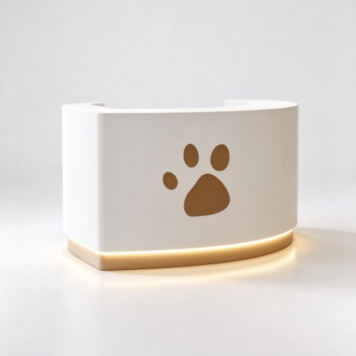 White pet store checkout counter with paw print pattern left 45 degree view