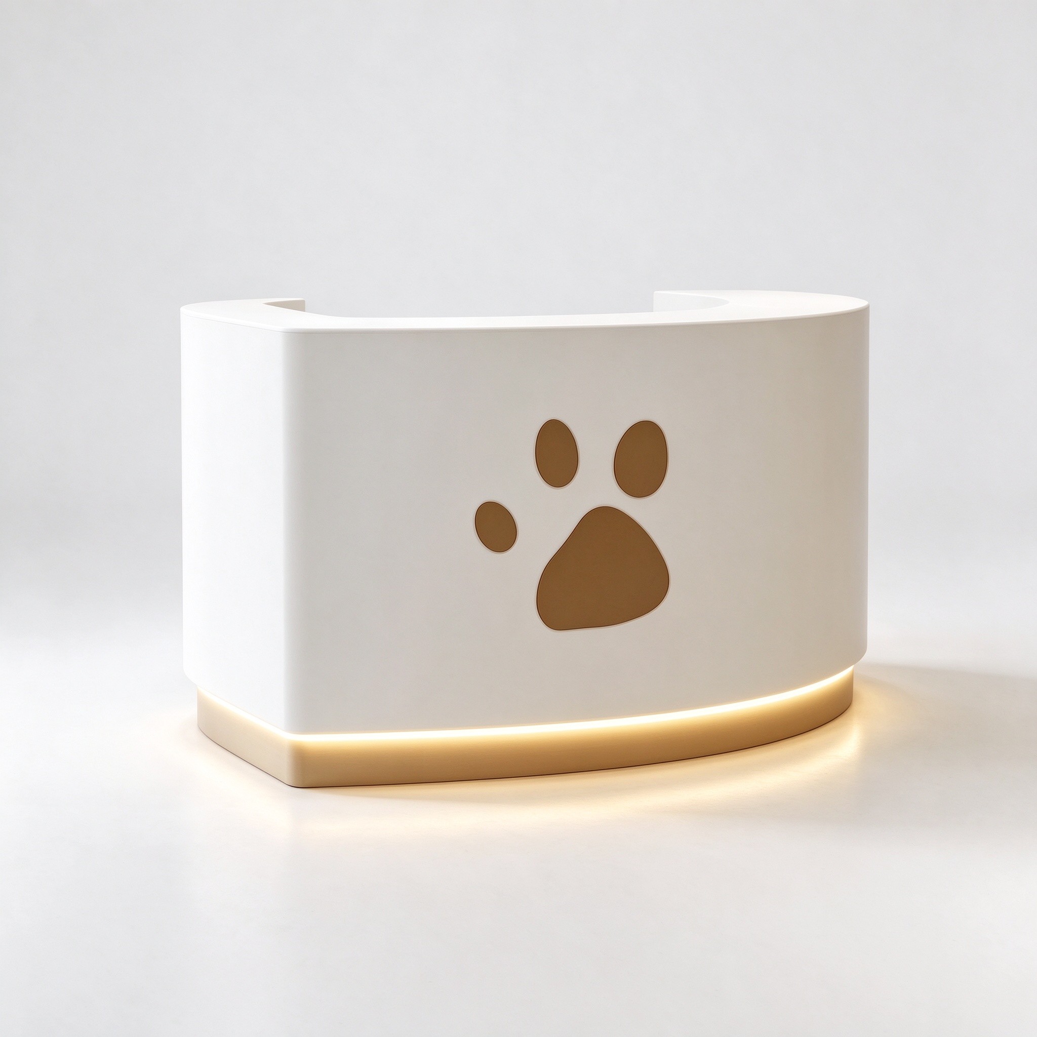 White pet store checkout counter with paw print pattern left 45 degree view