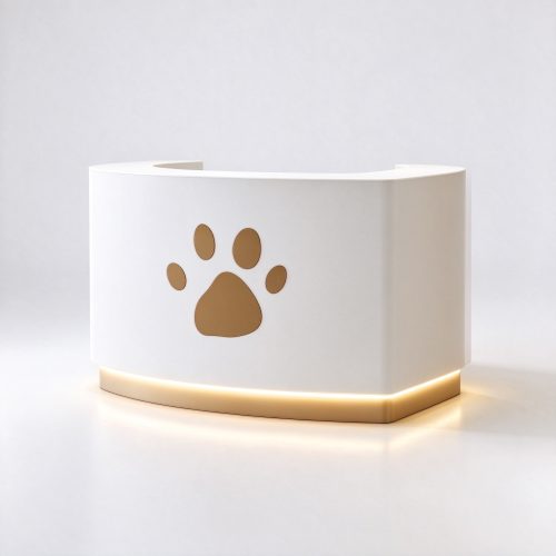White pet store checkout counter with paw print pattern right 45 degree angle view