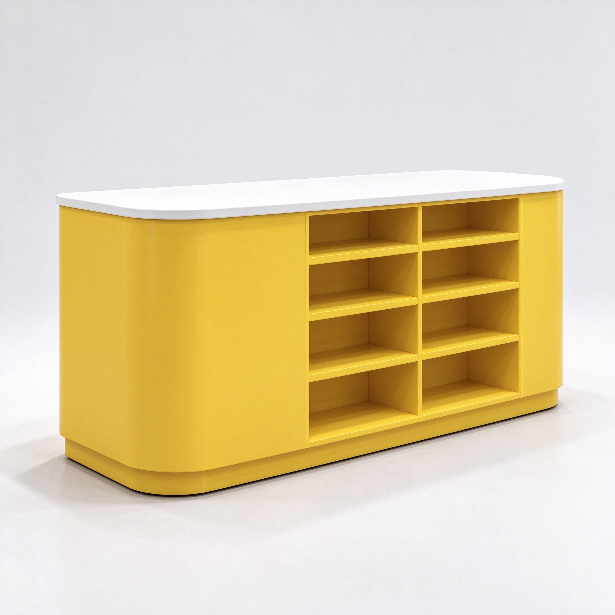 Yellow pet store checkout counter with storage grid left 45 degree view