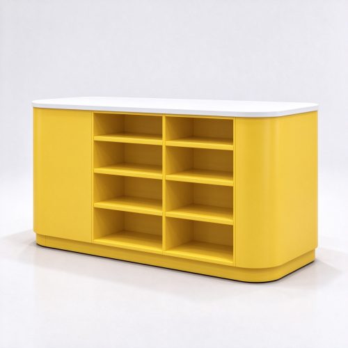 Yellow pet store checkout counter with storage grid right 45 degree angle view