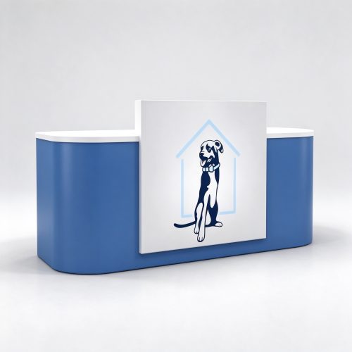 Blue and white pet store checkout counter with dog drawing left 45 degree view