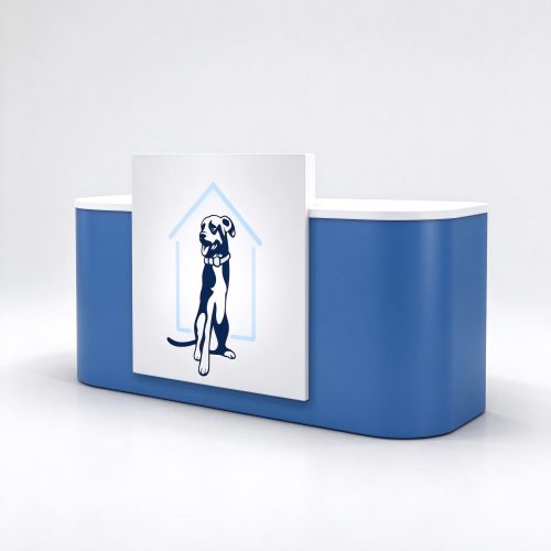 Blue and white pet store checkout counter with dog drawing right 45 degree angle view