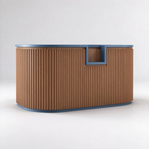 Wood grain pet store checkout counter with blue trim left 45 degree view