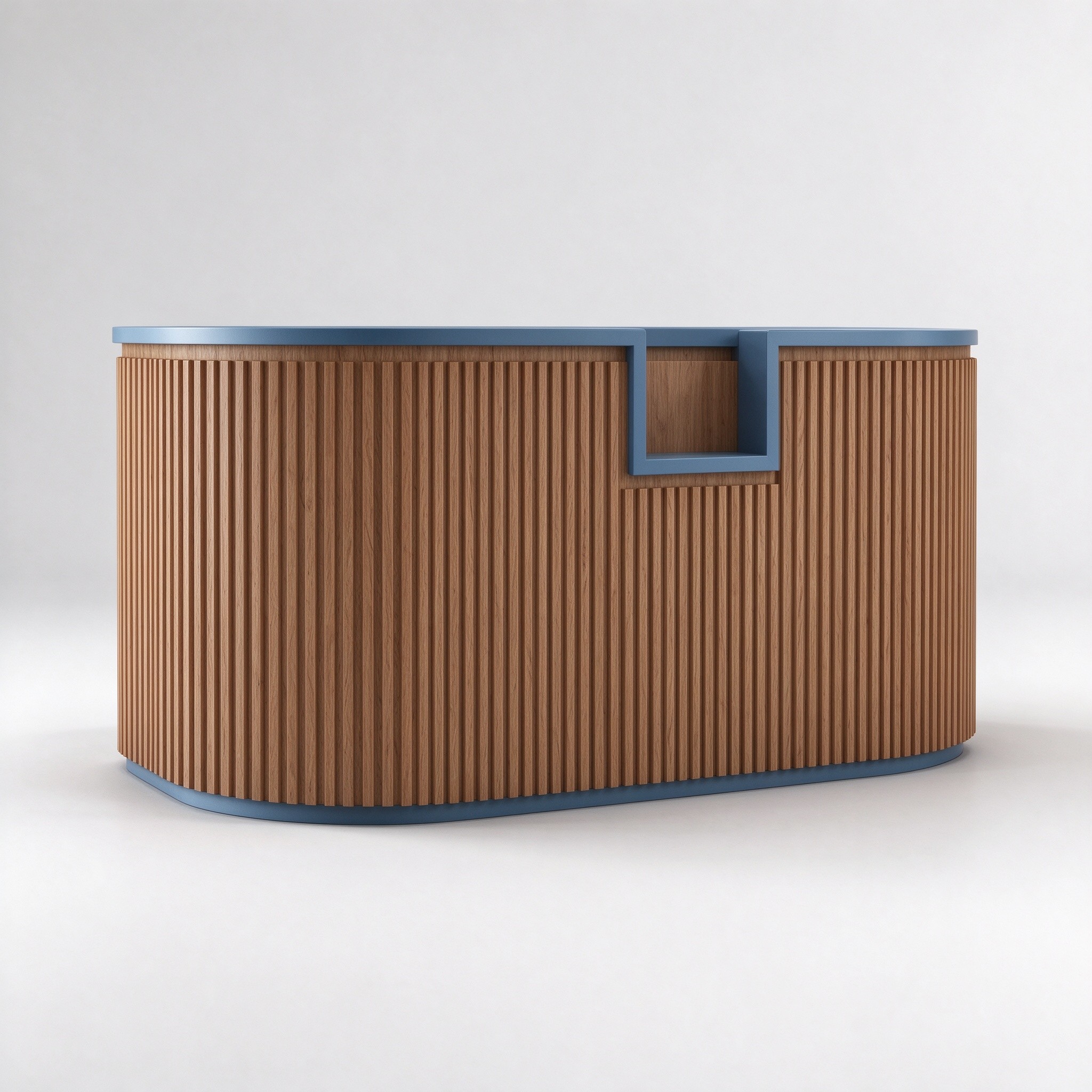 Wood grain pet store checkout counter with blue trim left 45 degree view