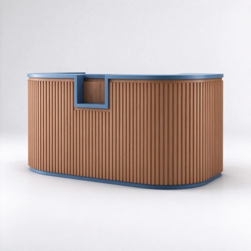 Wood grain pet store checkout counter with blue trim right 45 degree angle view
