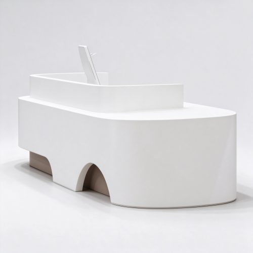 White curved pet store checkout counter with arch cutout left 45 degree view