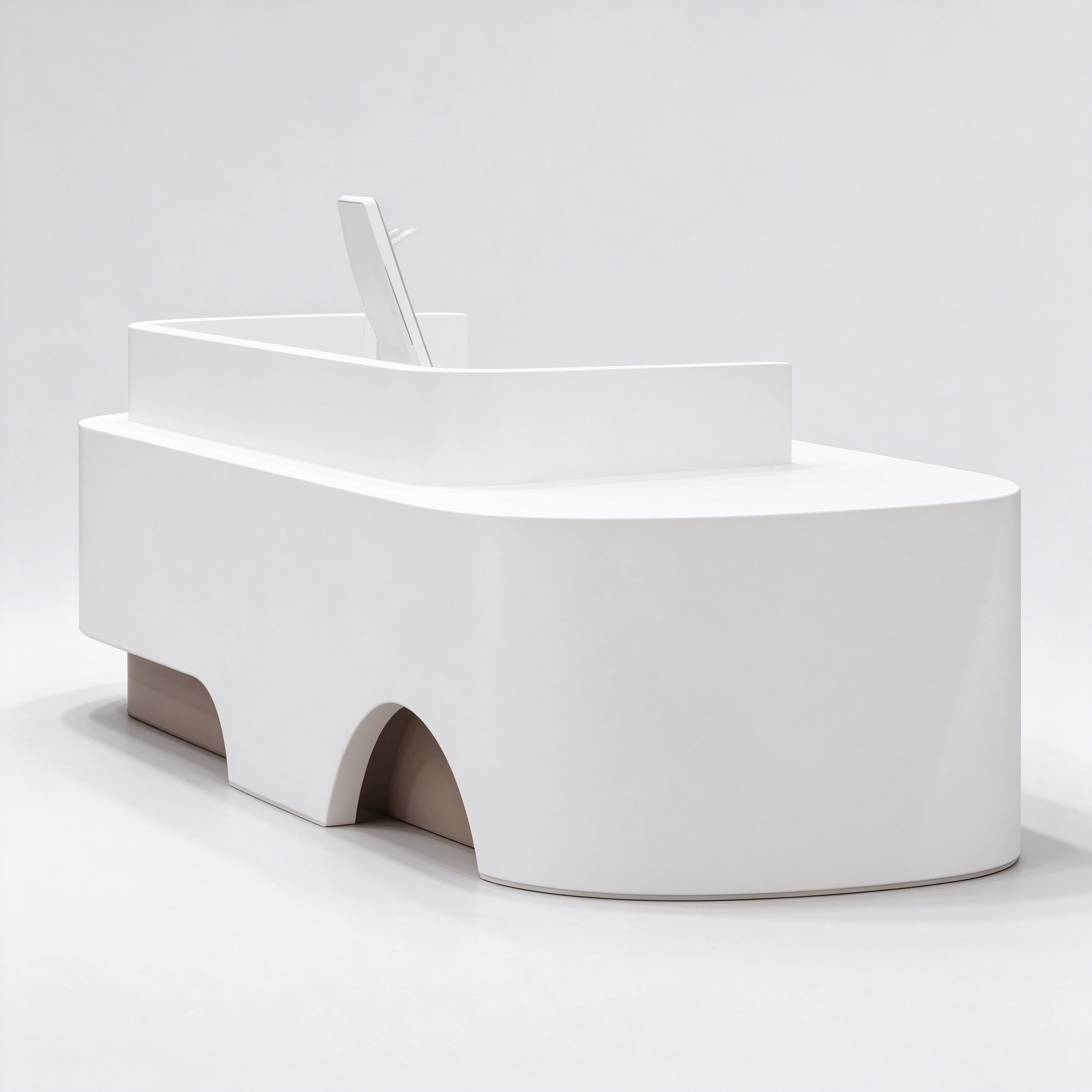 White curved pet store checkout counter with arch cutout left 45 degree view