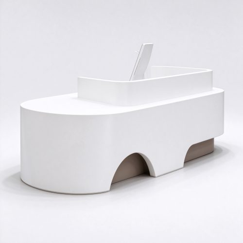 White curved pet store checkout counter with arch cutout right 45 degree angle view