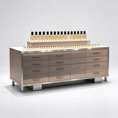 Wood drawer perfume sampling counter left 45 degree view
