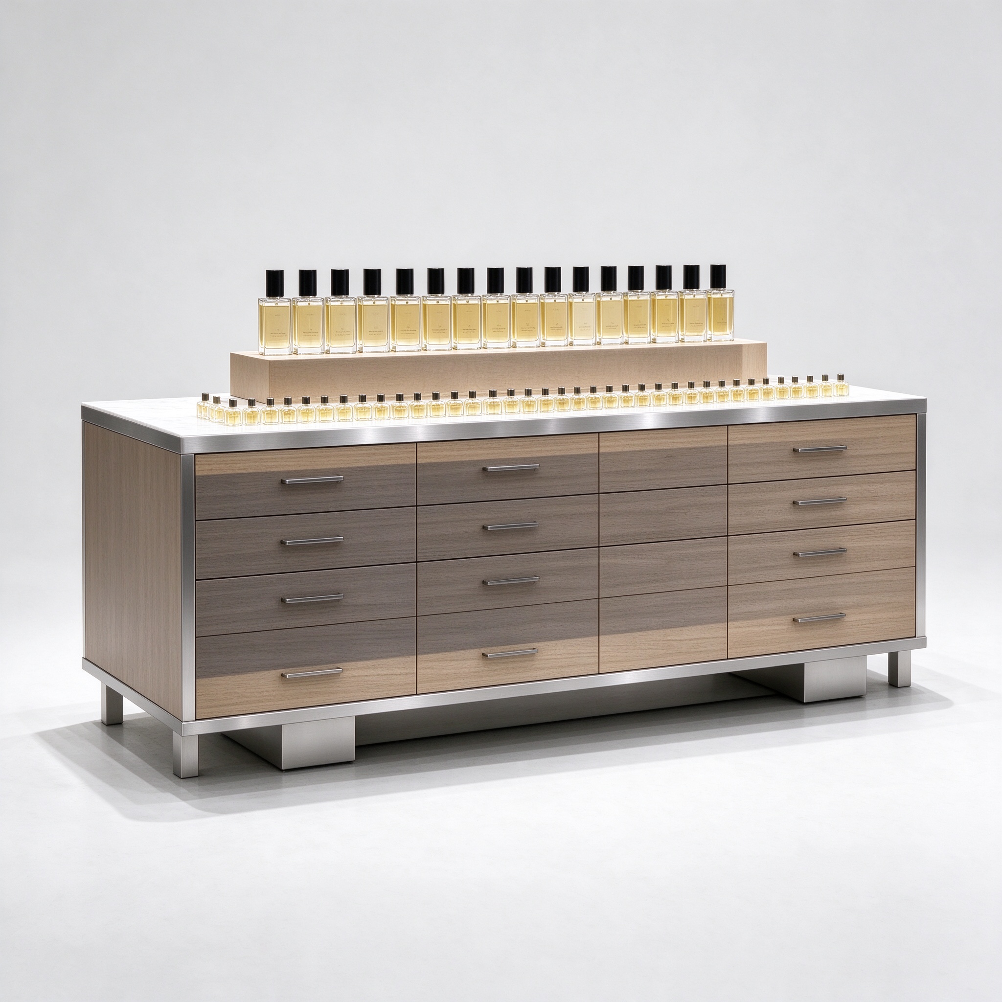 Wood drawer perfume sampling counter left 45 degree view