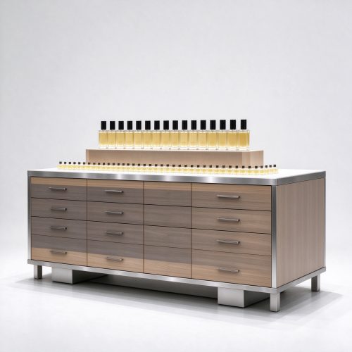 Wood drawer perfume sampling counter right 45 degree angle view
