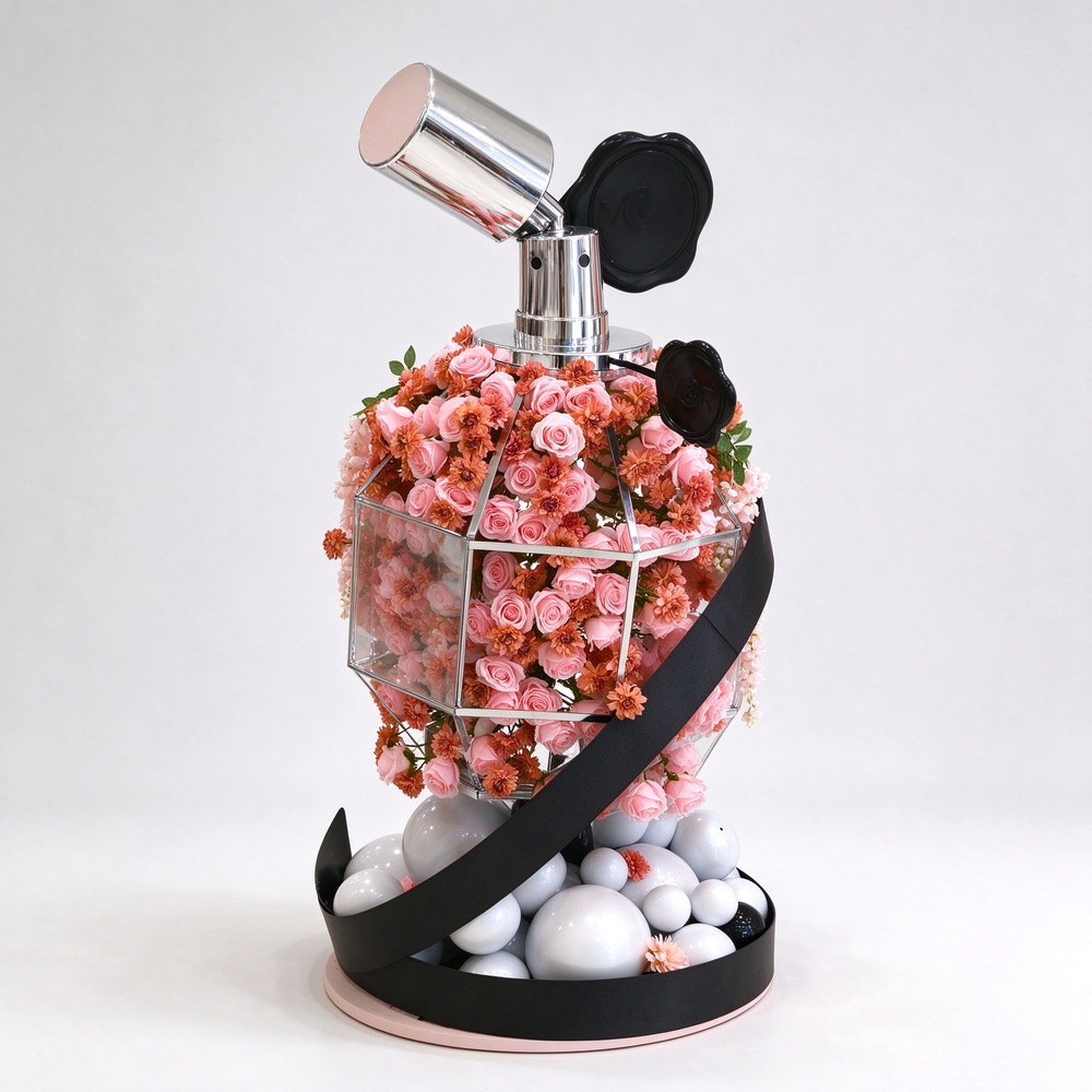 Perfume bottle flower sculpture display prop left 45 degree view