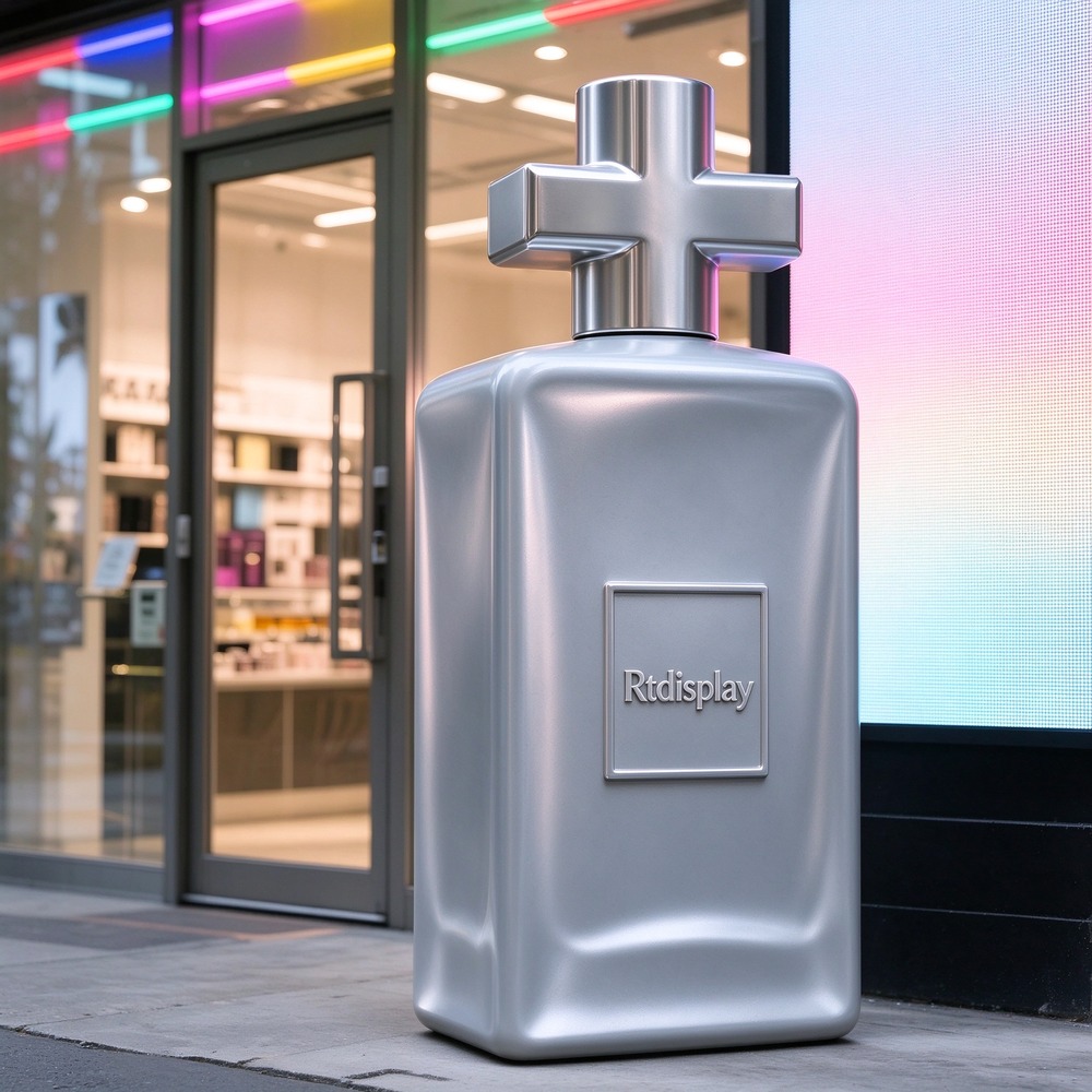 Giant fiberglass perfume bottle sculpture left 45 degree view at storefront