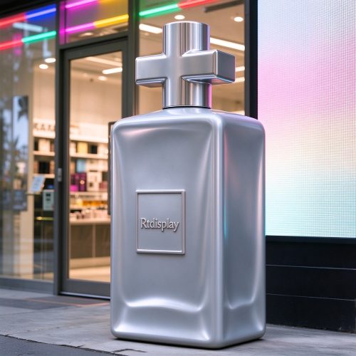 Giant fiberglass perfume bottle sculpture right 45 degree view at storefront