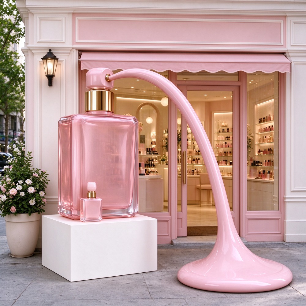 Giant pink perfume bottle sculpture with original perfume store facade left 45 degree view