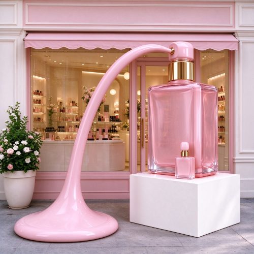 Giant pink perfume bottle sculpture with original perfume store facade right 45 degree view