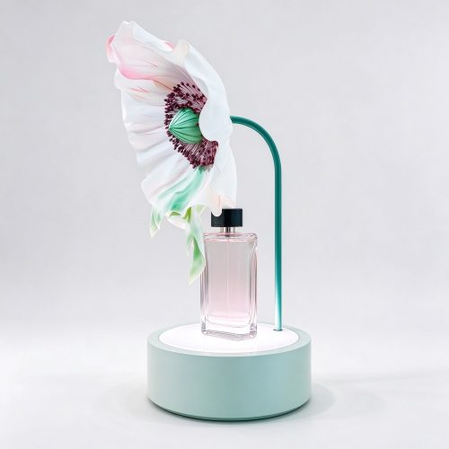 Perfume flower sculpture display prop left 45 degree view with gradient bloom and mint-green base