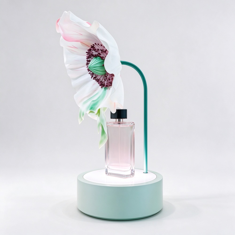 Perfume flower sculpture display prop left 45 degree view with gradient bloom and mint-green base