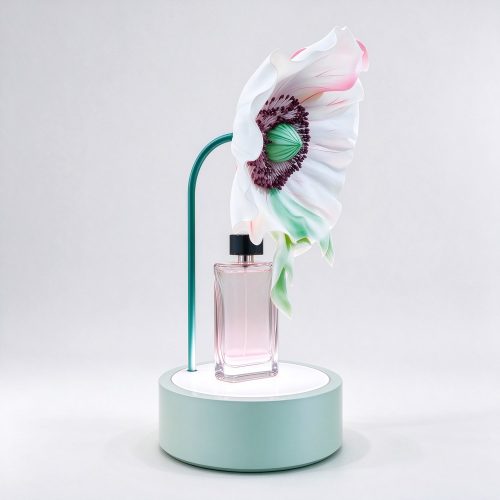 Perfume flower sculpture display prop right 45 degree view with gradient bloom and mint-green base
