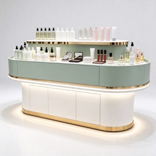 Oval sage green and white perfume display island counter left 45 degree view